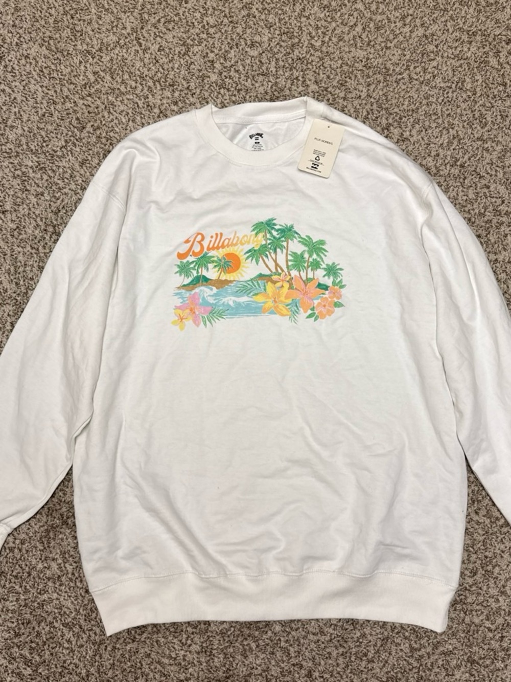 Billabong White Crewneck Sweatshirt with Tropical Pastel Graphic